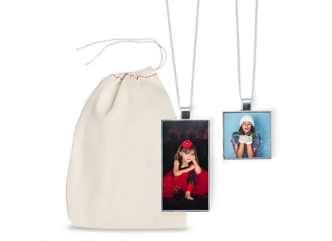 Personalized Photo Jewelry gift wrapped in a white Organza bag